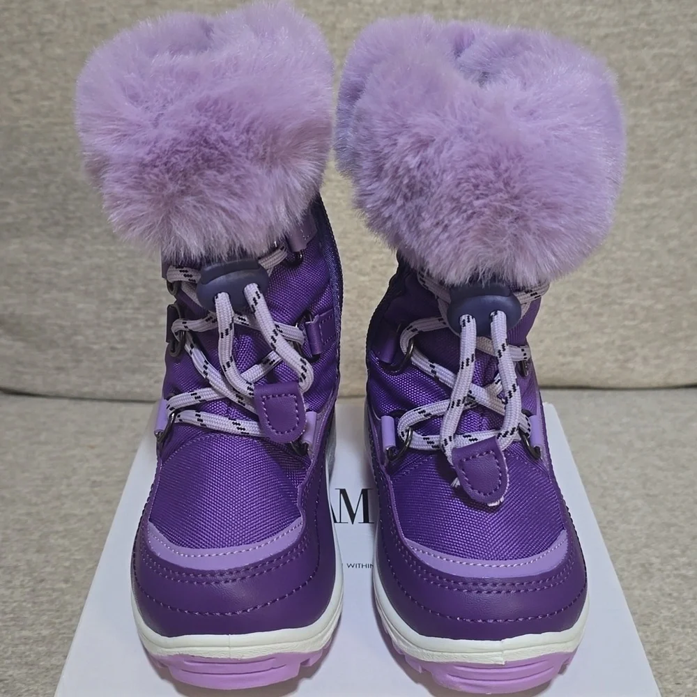 Purple Snow Boots Faux Fur Lined Mid-Calf   Slip Restiant Boots